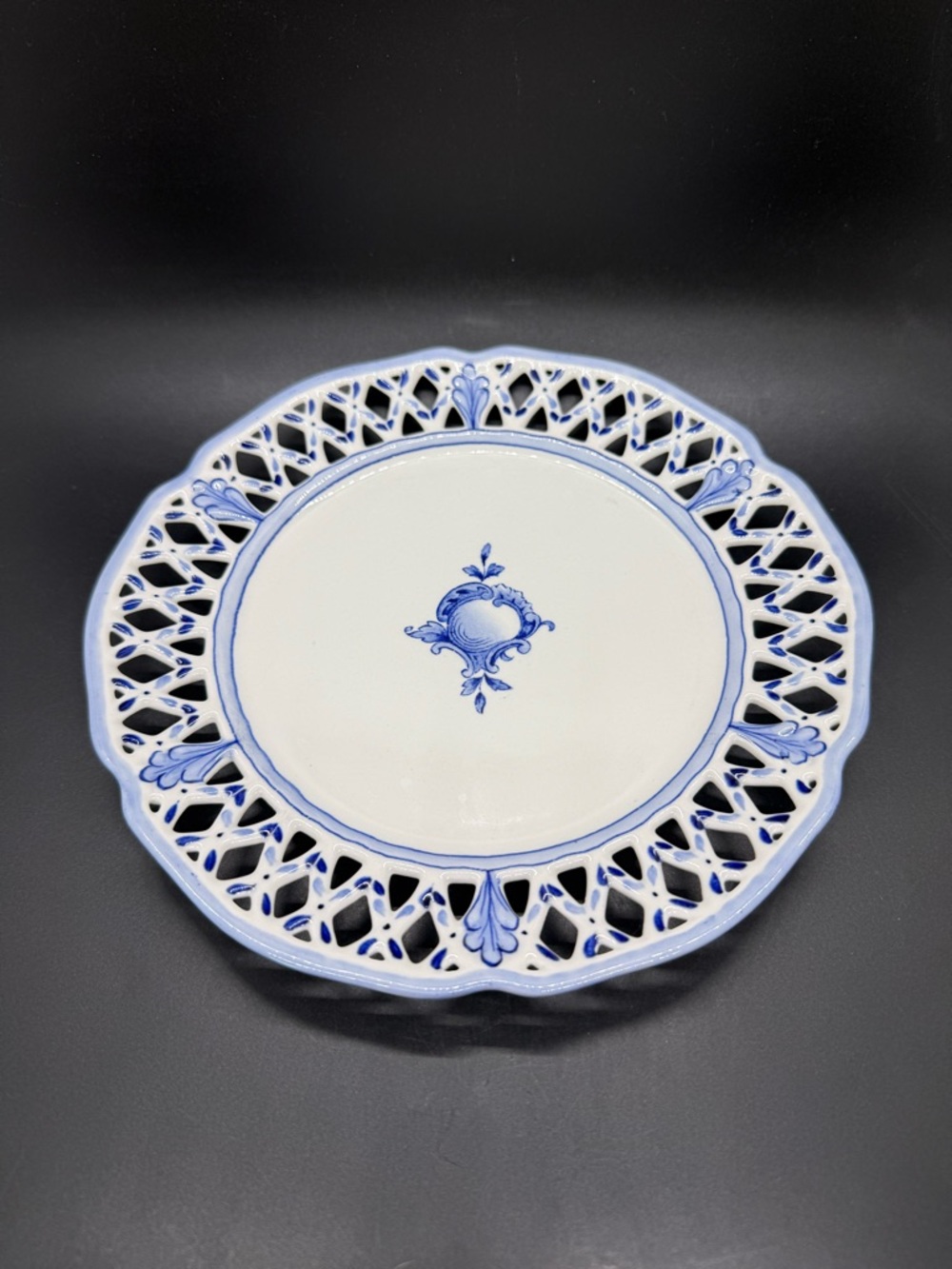 Vintage Rorstrand Sweden Reticulated Plate Blue White Porcelain Fruit Motif 8.5"